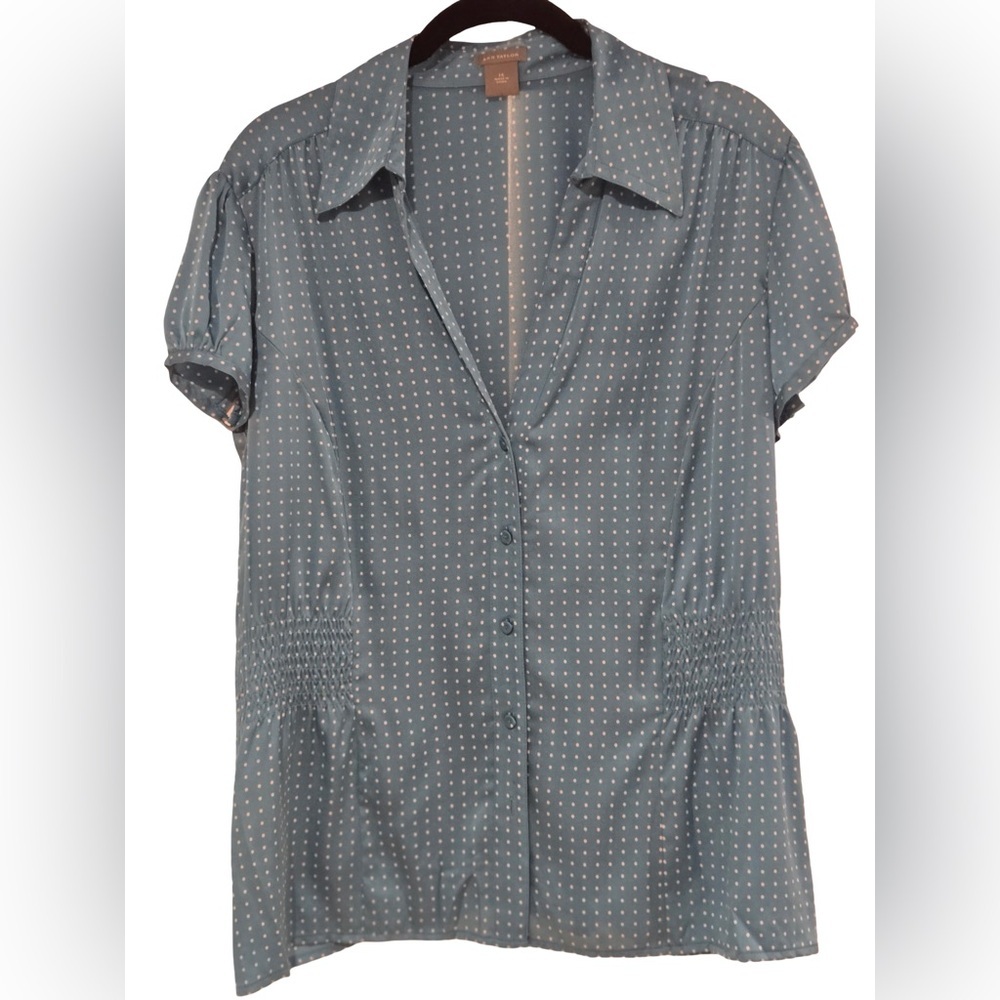 Ann Taylor Blue Dot Short-Sleeve Button Front Top